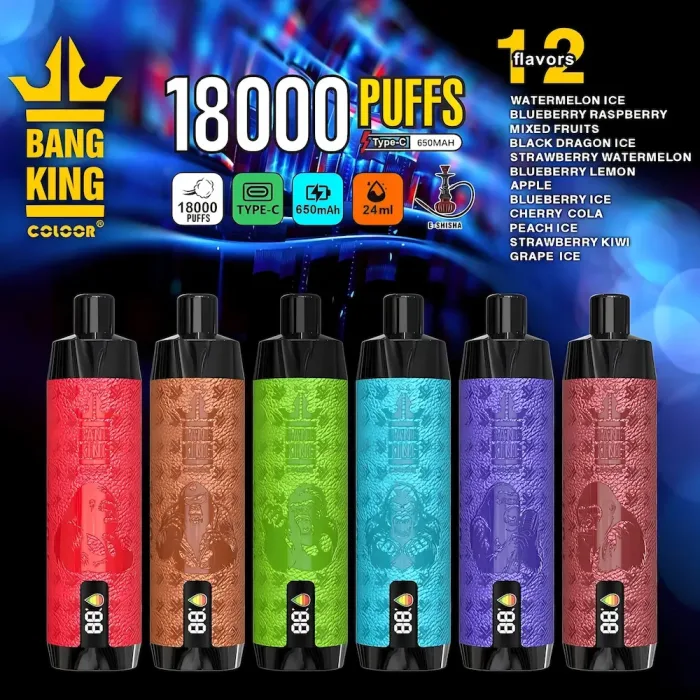 Bang King Crown Bar 18000 vape jetable avec bouton de flux d'air réglable et port de charge USB-C.