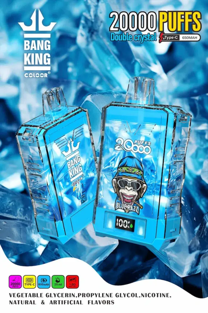 Transparent e-liquid tank with 15ml nicotine salt (0%/2%/3%/5%) in Bang King Double Crystal 20000 disposable vape-Blue Razz Ice