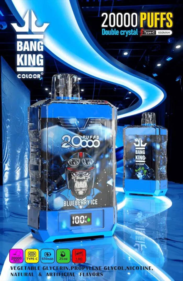 Transparent e-liquid tank with 15ml nicotine salt (0%/2%/3%/5%) in Bang King Double Crystal 20000 disposable vape-Blueberry Ice