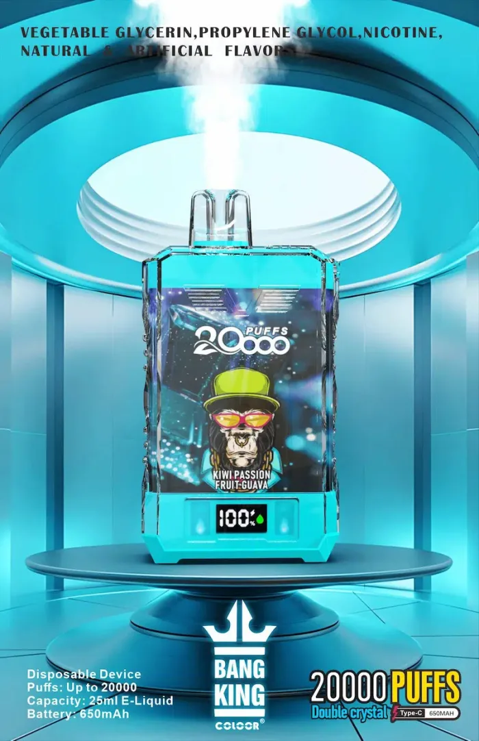 Serbatoio e-liquid trasparente con 15 ml di sale di nicotina (0%/2%/3%/5%) in Bang King Double Crystal 20000 vape usa e getta-Kiwi Passion Fruit Guava