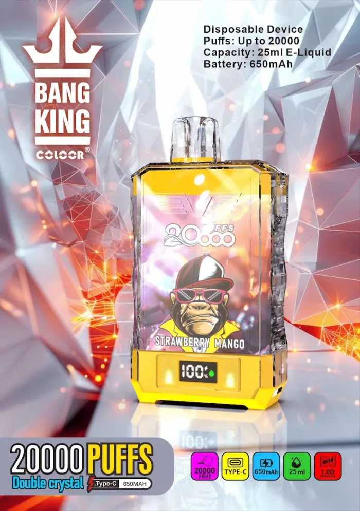 Transparent e-liquid tank with 15ml nicotine salt (0%/2%/3%/5%) in Bang King Double Crystal 20000 disposable vape-Strawberry Mango