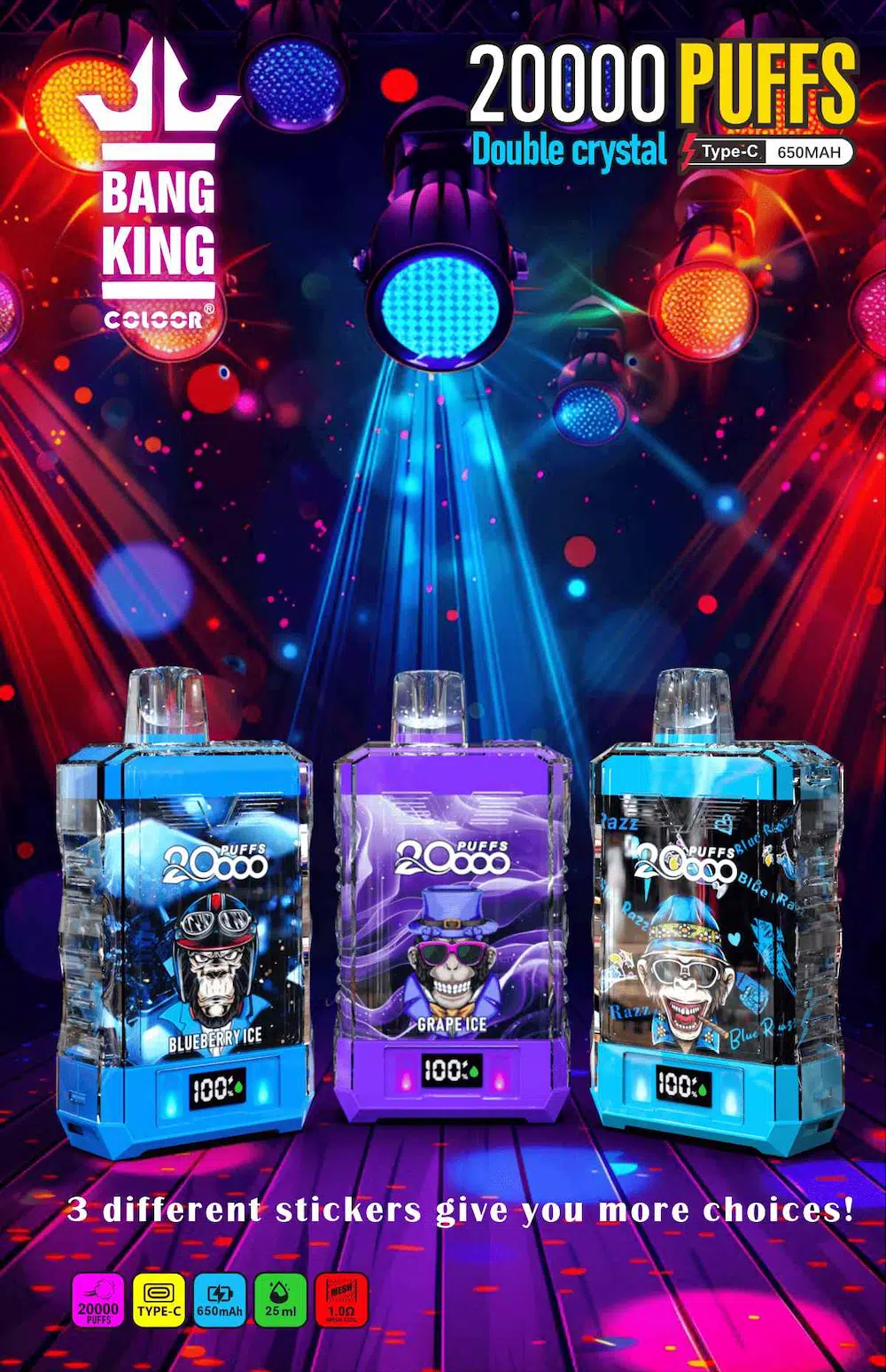 Close-up of Bang King 20000 LED screen displaying battery percentage, e-liquid level, and adjustable power modes (Low/Med/High)