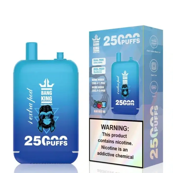 Transparent tank showing 46ml nicotine salt e-liquid (0%/2%/3%/5%) in the Bang King 25000 disposable vape-Blu Razz Ice