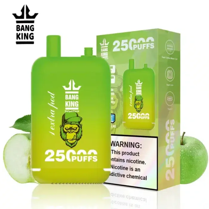 Transparent tank showing 46ml nicotine salt e-liquid (0%/2%/3%/5%) in the Bang King 25000 disposable vape-Sour Apple Ice