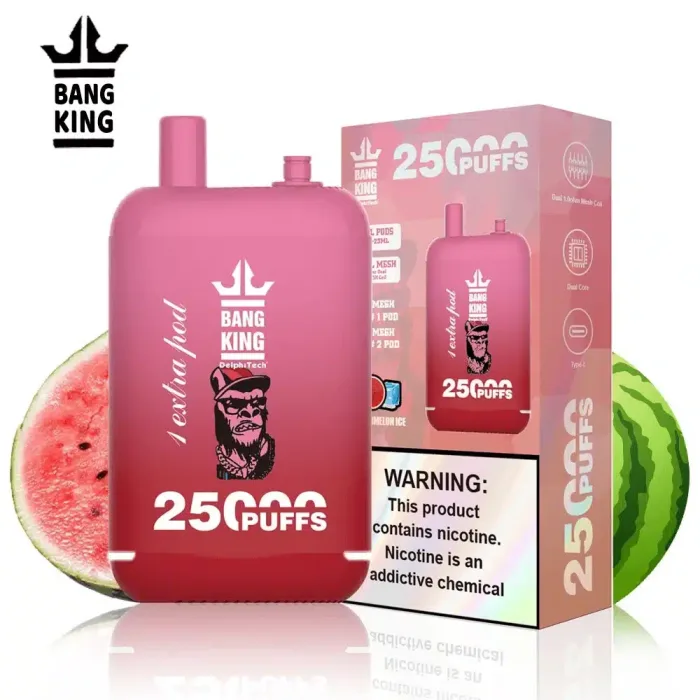 Transparent tank showing 46ml nicotine salt e-liquid (0%/2%/3%/5%) in the Bang King 25000 disposable vape-Watermelon Ice