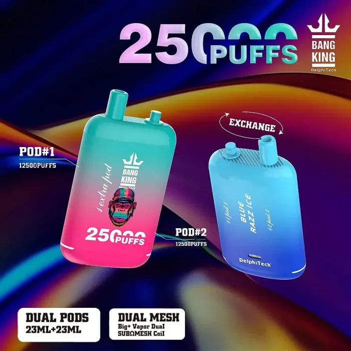 Gros plan sur la commutation entre deux dosettes pré-remplies sur la vape jetable Bang King 25000