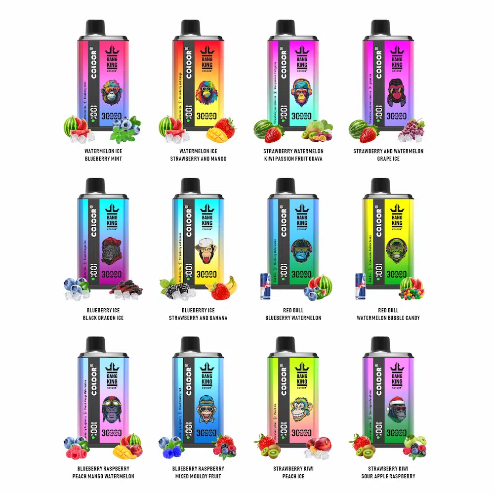 Bang King 30000 vape jetable montrant 18ml de e-liquide au sel de nicotine (0%/2%/3%/5% nicotine)