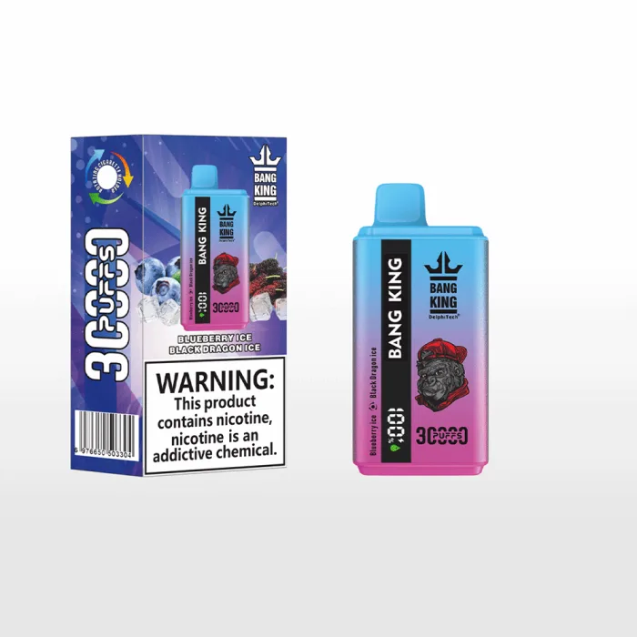 Bang King 30000 disposable vape box labeled with 30k puffs, dual flavors, and 5% nicotine salt-Blueberry Ice & Black Dragon Ice