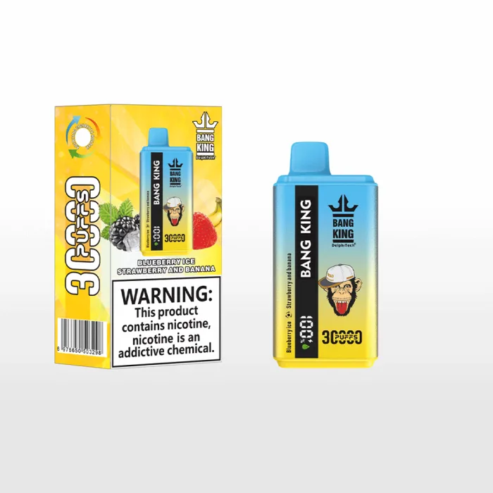 Bang King 30000 disposable vape box labeled with 30k puffs, dual flavors, and 5% nicotine salt-Blueberry Ice & Strawberry and Banana