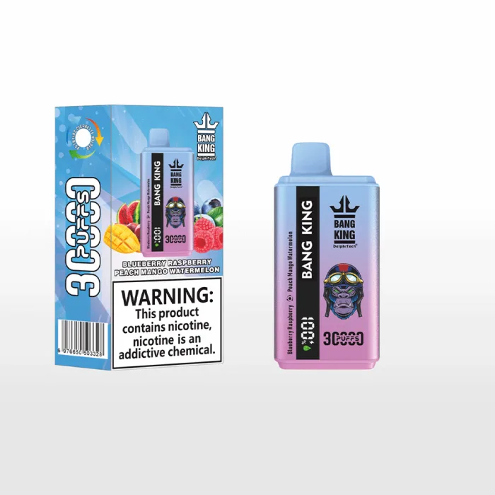 Bang King 30000 wegwerp vape box gelabeld met 30k puffs, dubbele smaken, en 5% nicotine zout-Blueberry Raspberry & Peach Mango Watermelon