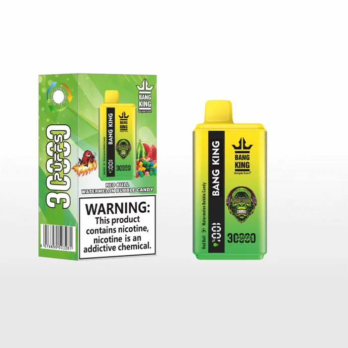 Bang King 30000 disposable vape box labeled with 30k puffs, dual flavors, and 5% nicotine salt-Red Bull & Watermelon Bubble Candy