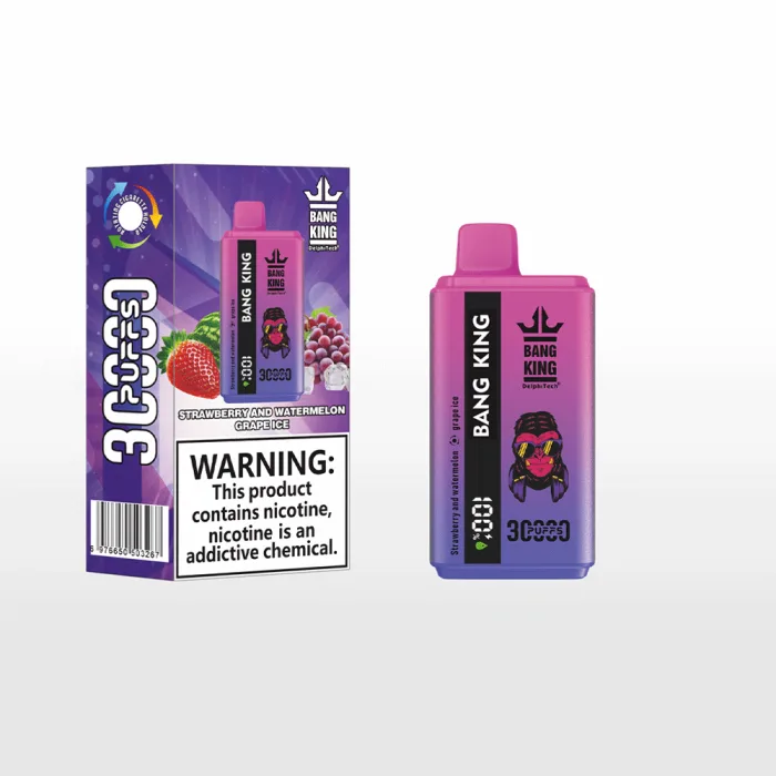 Bang King 30000 wegwerp vape box gelabeld met 30k puffs, dubbele smaken, en 5% nicotine zout-Strawberry en Watermelon & Grape Ice