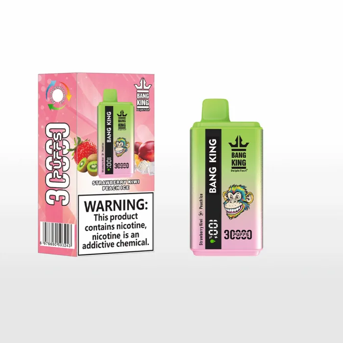 Bang King 30000 disposable vape box labeled with 30k puffs, dual flavors, and 5% nicotine salt-Strawberry Kiwi & Peach Ice