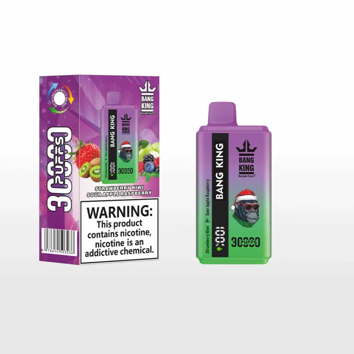 Bang King 30000 disposable vape box labeled with 30k puffs, dual flavors, and 5% nicotine salt-Strawberry Kiwi & Sour Apple Raspberry