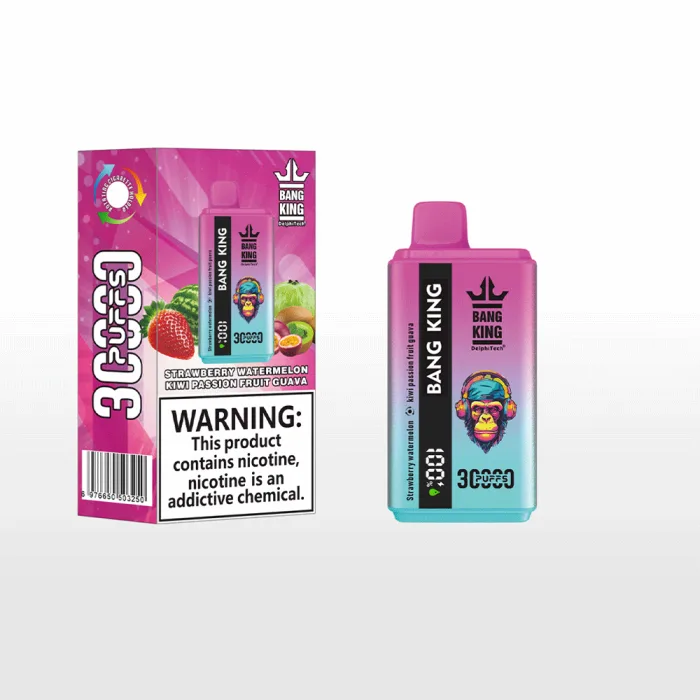 Bang King 30000 disposable vape box labeled with 30k puffs, dual flavors, and 5% nicotine salt-Strawberry Watermelon & Kiwi Passion Fruit Guava