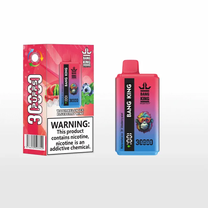 Bang King 30000 disposable vape box labeled with 30k puffs, dual flavors, and 5% nicotine salt-Watermelon Ice & Blueberry Mint