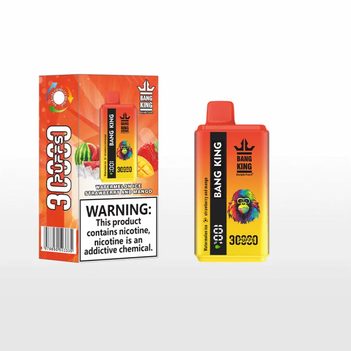 Bang King 30000 disposable vape box labeled with 30k puffs, dual flavors, and 5% nicotine salt-Watermelon Ice & Strawberry and Mango