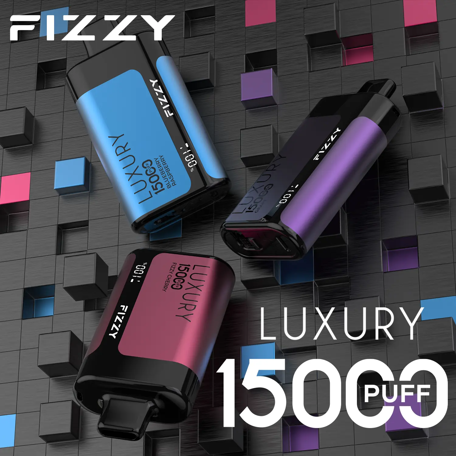 FIZZY Luxury 15000 oplaadbare wegwerpvape-pen met 650mAh USB-C batterij en 22ml nic salt e-sap - 15.000 puffs in slanke metallic afwerking