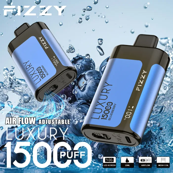 FIZZY Luxury 15000 vape flavors on display: 5% nic salt options like Blueberry for flavor chasers