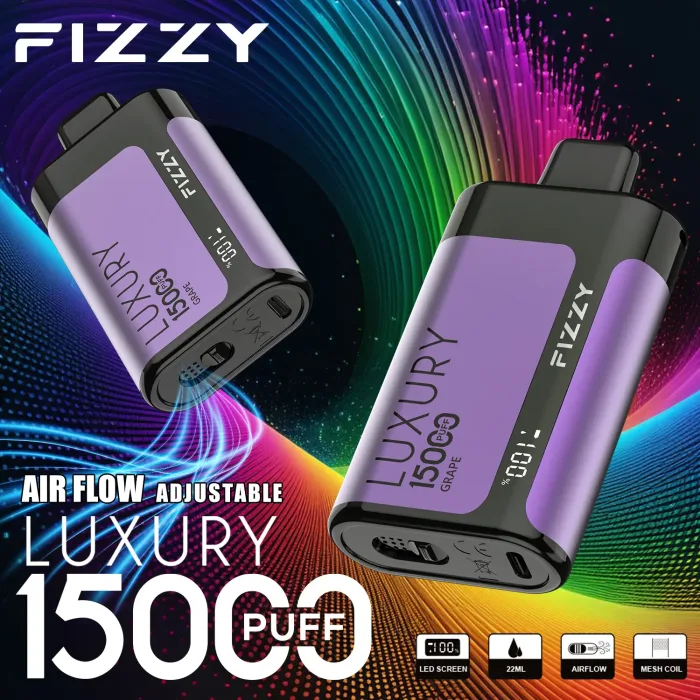 FIZZY Luxury 15000 vape flavors on display: 5% nic salt options like Grape for flavor chasers