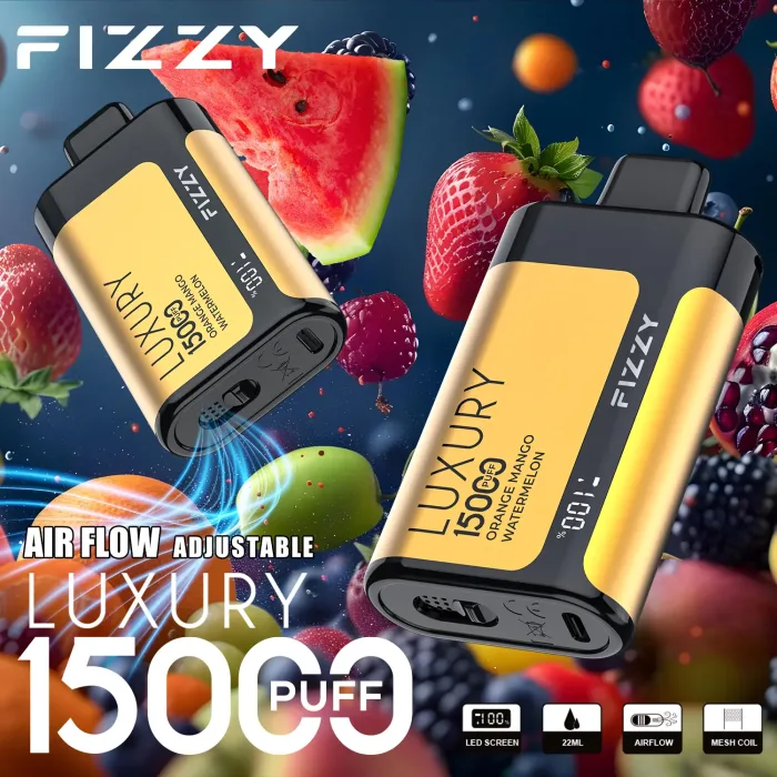 FIZZY Luxury 15000 vape flavors on display: 5% nic salt options like Orange Mango Watermelon for flavor chasers