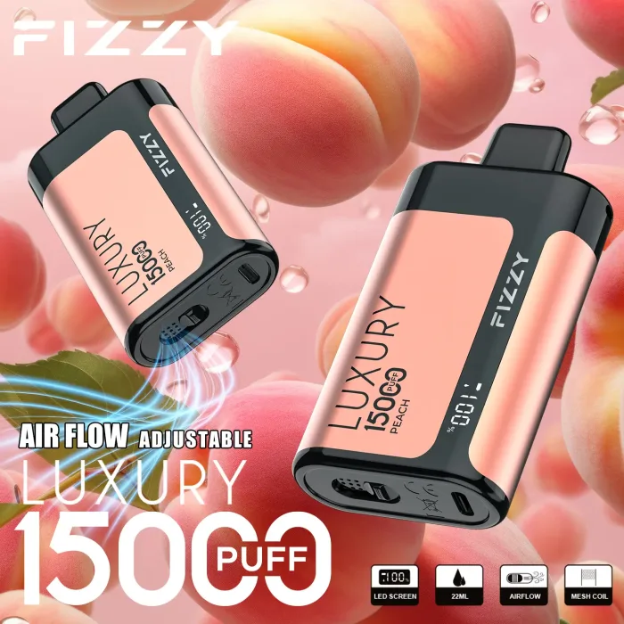 FIZZY Luxury 15000 vape flavors on display: 5% nic salt options like Peach for flavor chasers