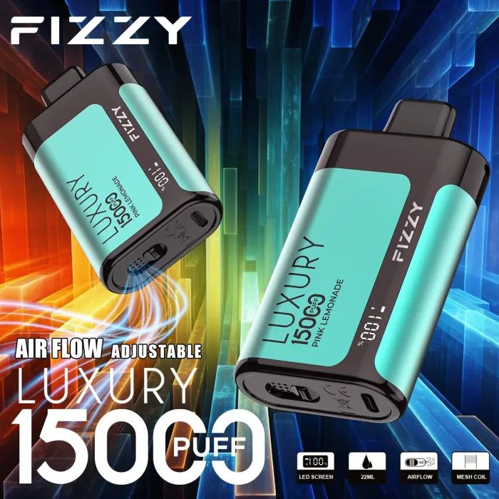 FIZZY Luxe 15000 vape smaken op display: 5% nic zout opties zoals Pink Lemonade voor smaak chasers