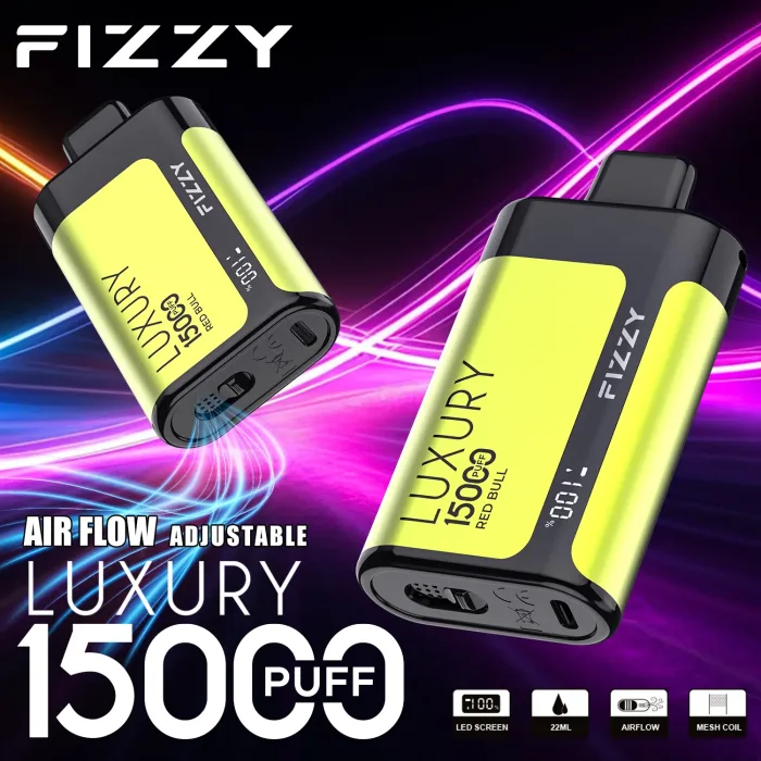 FIZZY Luxury 15000 vape flavors on display: 5% nic salt options like Red Bull for flavor chasers