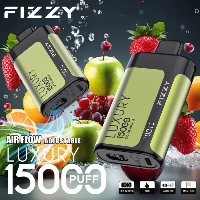 FIZZY Luxury 15000 vape flavors on display: 5% nic salt options like Sour Apple for flavor chasers