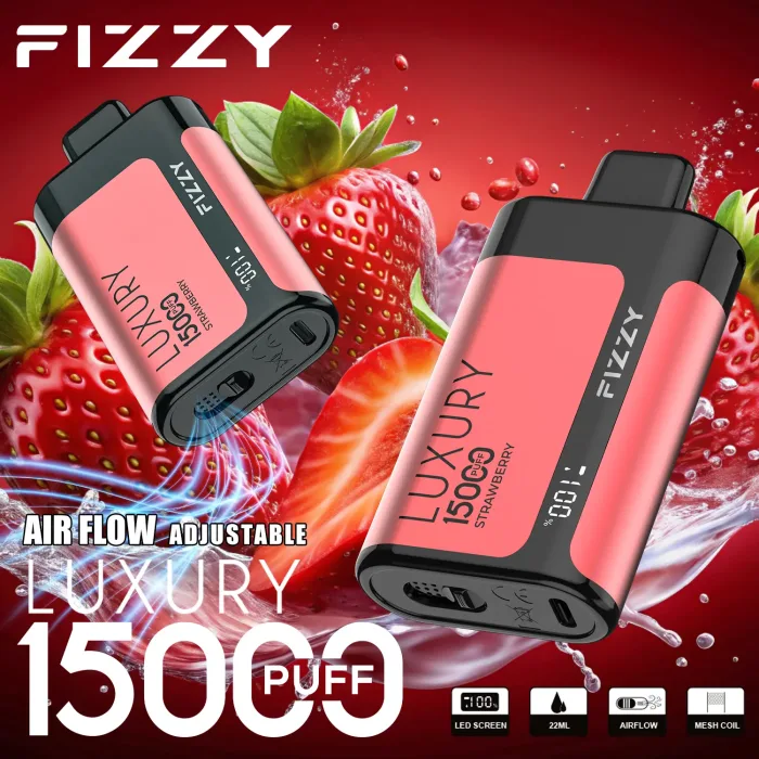 FIZZY Luxury 15000 vape flavors on display: 5% nic salt options like Strawberry for flavor chasers