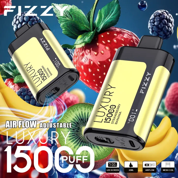 FIZZY Luxury 15000 vape flavors on display: 5% nic salt options like Strawberry Banana for flavor chasers