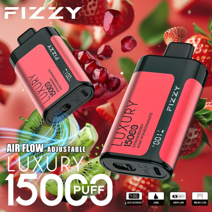 FIZZY Luxury 15000 vape flavors on display: 5% nic salt options like Strawberry Kiwi Pomegranate for flavor chasers