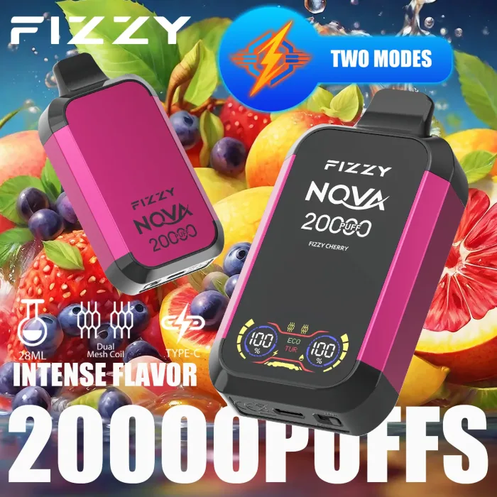 Aromi di svapo FIZZY Nova 20000 disposti in base alla modalità consigliata: ciliegia frizzante per la modalità Turbo vs Dessert per la modalità Eco