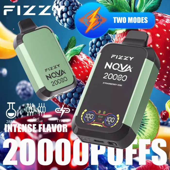 FIZZY Nova 20000 vape flavors arranged by mode recommendation: strawberry kiwi for Turbo vs Desserts for Eco mode