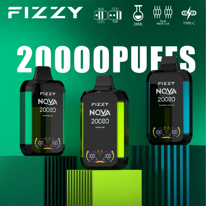 FIZZY Nova 20000 puff dual mode disposable vape in matte black – switch between Eco battery saver and Turbo flavor boost modes for 20k puffs