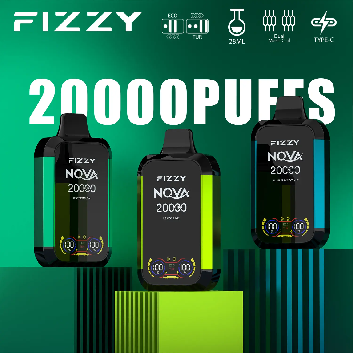 FIZZY Nova 20000 puff dual mode engångsvape i matt svart - växla mellan Eco batterisparläge och Turbo smakboostläge för 20k puffar