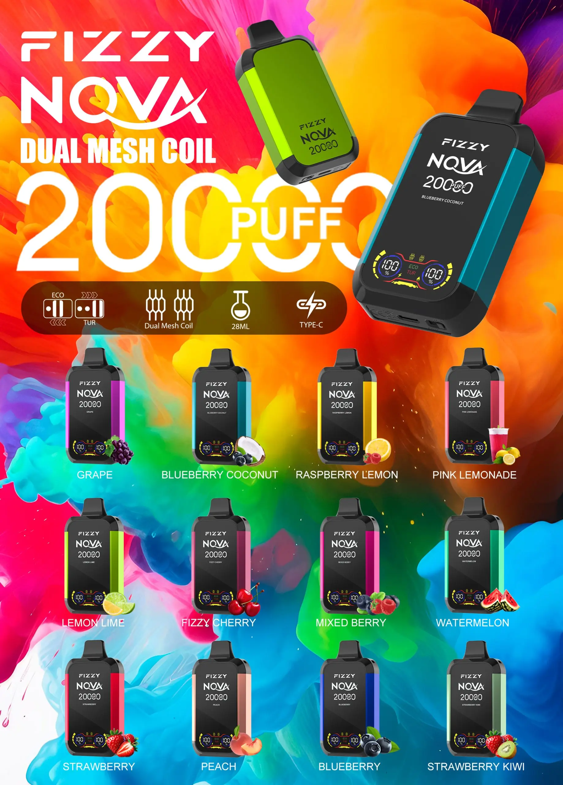 FIZZY Nova 20000 E-Cigarette jetable Mode Eco (nuage fin) vs Mode Turbo (nuage épais) - 40% plus de vapeur en Mode Turbo