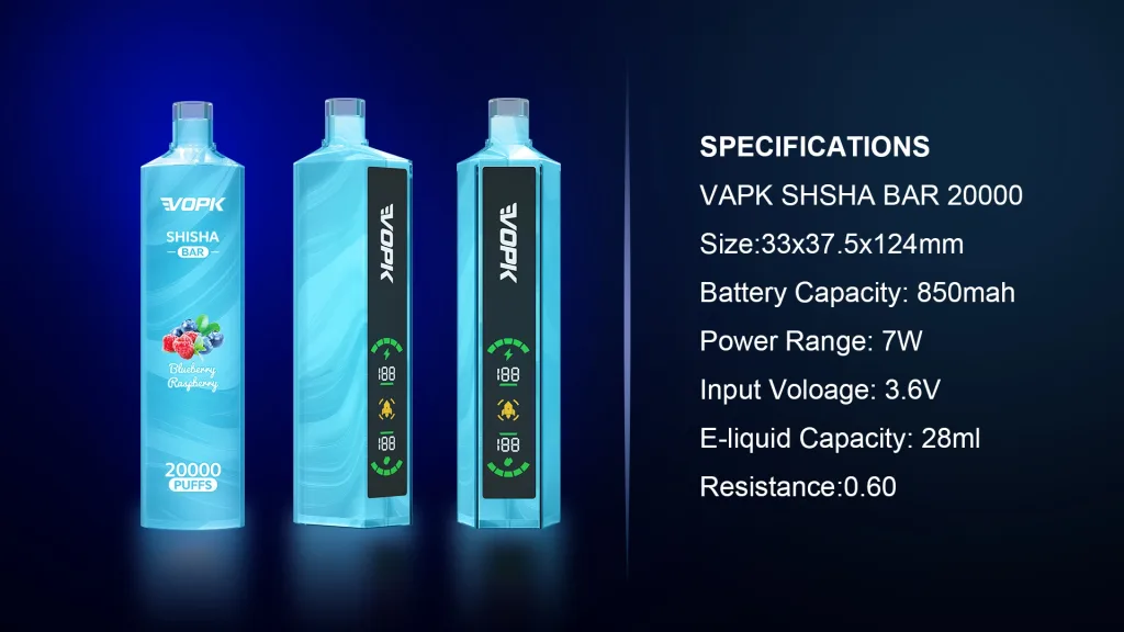 A detailed product specification image of the VOPK Shisha Bar 20000 Puffs vape. It lists the size (33x37.5x124mm), 850mAh battery capacity, 7W power range, 3.6V input voltage, 28ml e-liquid capacity, and 0.6Ω resistance. The image features three blue vapes with LED screens.