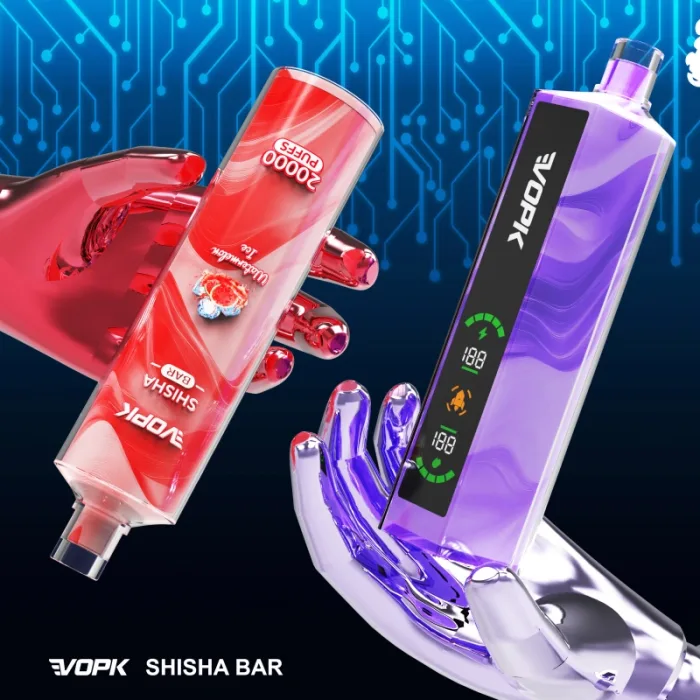 Ein futuristisches Werbebild mit VOPK Shisha Bar 20000 Puffs Vapes, die von Roboterhänden gehalten werden. Ein Vaporizer zeigt einen digitalen LED-Bildschirm, während ein anderer die Geschmacksrichtung 'Strawberry Ice' in einem eleganten roten Design hervorhebt.