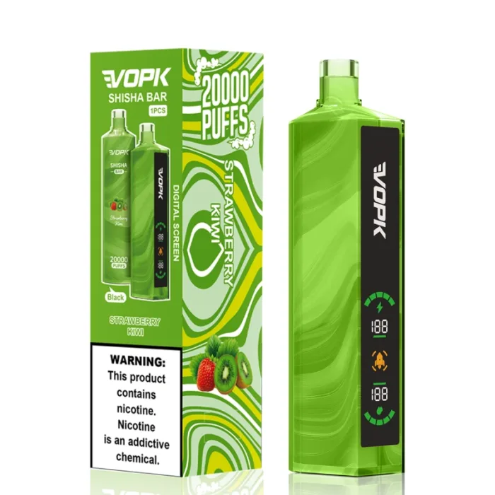 VOPK Shisha Bar 20000 Puffs vape in Strawberry Kiwi Geschmack. Das grüne Gerät kommt mit einem digitalen LED-Bildschirm, und die Box hebt die Puff-Kapazität und Nikotingehalt Warnung.