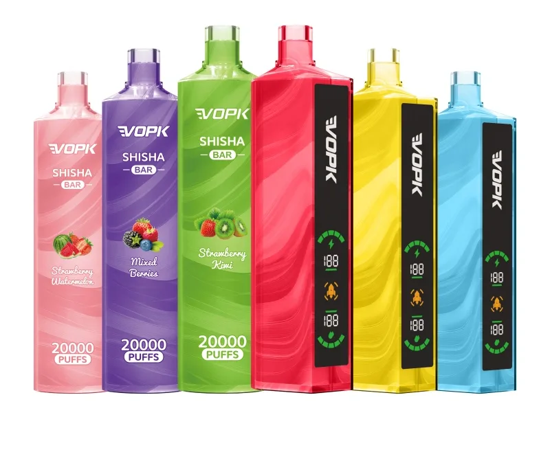 A lineup of VOPK Shisha Bar 20000 Puffs disposable vapes in various colors, showcasing flavors like Strawberry Watermelon, Mixed Berries, and Strawberry Kiwi. Each device features a modern design with a high puff count