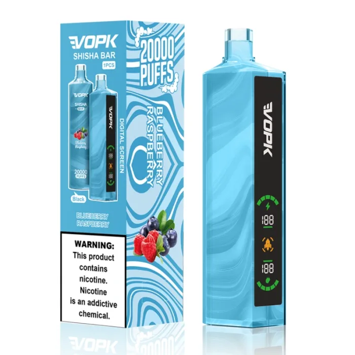 VOPK Shisha Bar 20000 Puffs disposable vape in Blueberry Raspberry flavor. The packaging highlights the digital screen feature and nicotine warning label