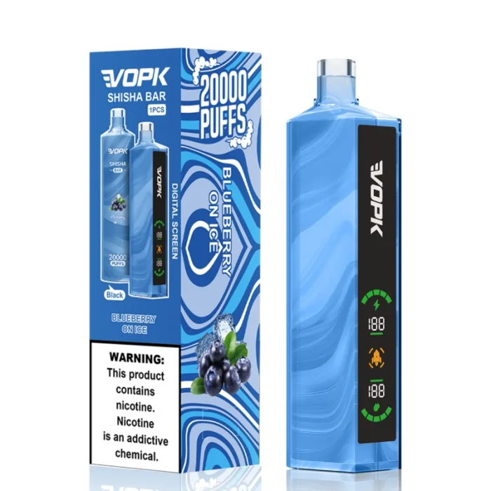 VOPK Shisha Bar 20000 Puffs vape in Blueberry On Ice flavor. The product packaging displays the e-cigarette's digital screen, 20,000 puffs, and nicotine warning label.