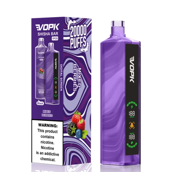 VOPK Shisha Bar 20000 Puffs Einwegverdampfer in Mixed Berries Geschmack. Das Design besteht aus einem lila Körper, einem LED-Bildschirm und einer Schachtel mit einem Nikotin-Warnaufkleber.