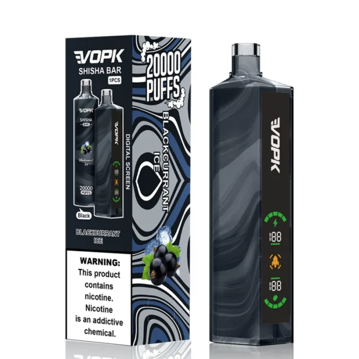 VOPK Shisha Bar 20000 Puffs vape in Blackcurrant Ice flavor. The black device features a digital LED screen, and the packaging emphasizes the e-liquid capacity and puff count.