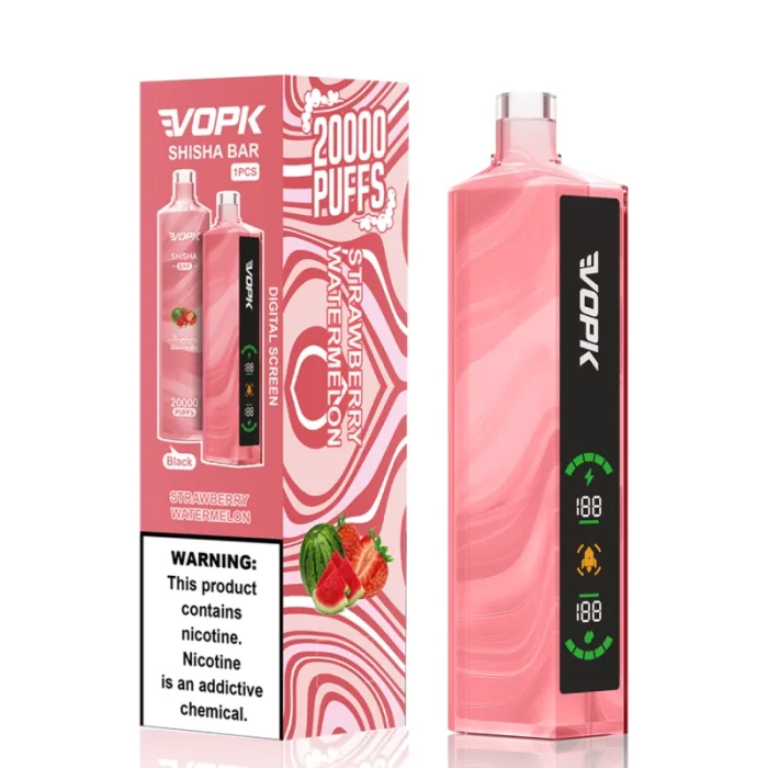 VOPK Shisha Bar 20000 Puffs vape in Strawberry Watermelon Geschmack. Das rosafarbene Design ist gepaart mit einer Verpackungsbox, die den digitalen Bildschirm und die Nikotinwarnung hervorhebt.