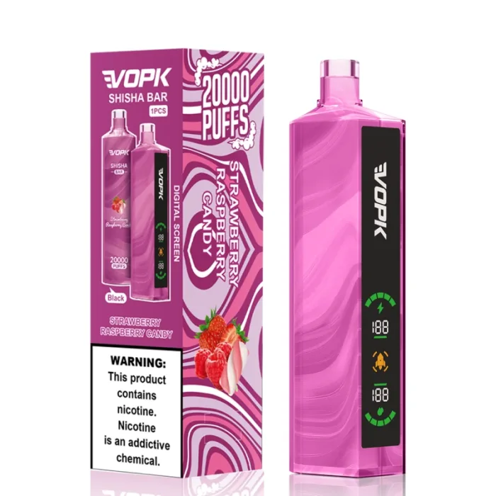 VOPK Shisha Bar 20000 Puffs vape in der Geschmacksrichtung Strawberry Raspberry Candy. Das rosa Einweggerät verfügt über einen digitalen Bildschirm, und die Verpackung enthält eine Nikotinwarnung.